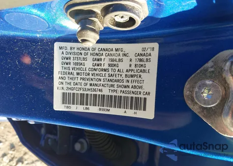 2018 Honda Civic Lx z USA, uszkodzony, nr VIN 2HGFC2F53JH536746